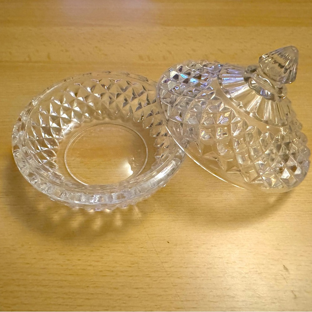 Diamond-Cut Glass Trinket Dish with Lid Vintage